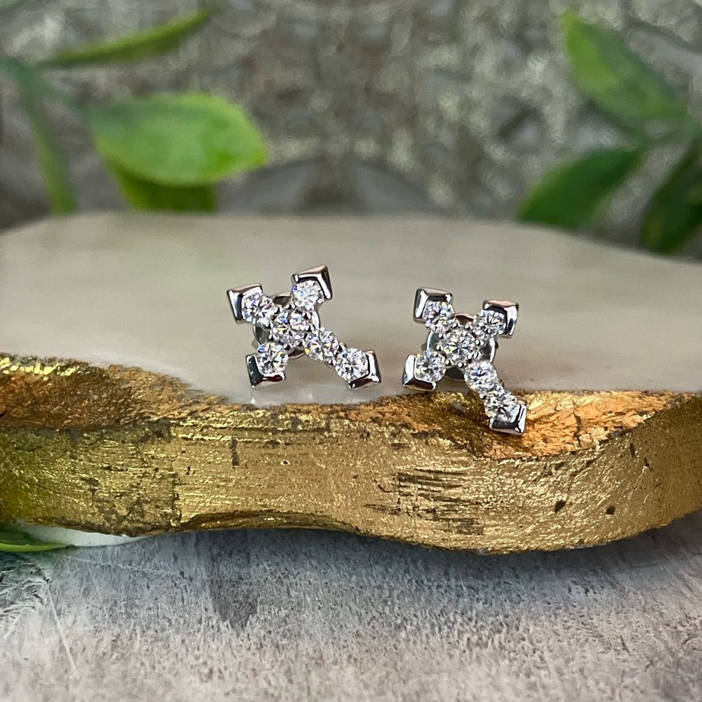 Sterling Silver Moissanite Cross Stud Earrings